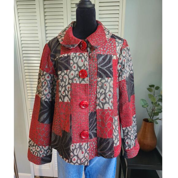Travel Collection Patchwork Tapestry Jacket Red Black Embroidered Button Front M - Picture 1 of 7